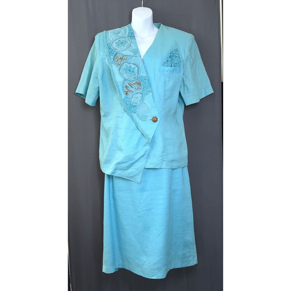 80s 90s Anne French Beaded Suit Skirt Jacket Set Sz 14 Aqua Blue Ramie Statement